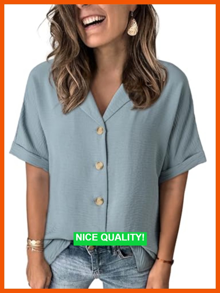 Women's Dressy Casual V Neck Short Sleeve Button Down Blouse Tops Work Business